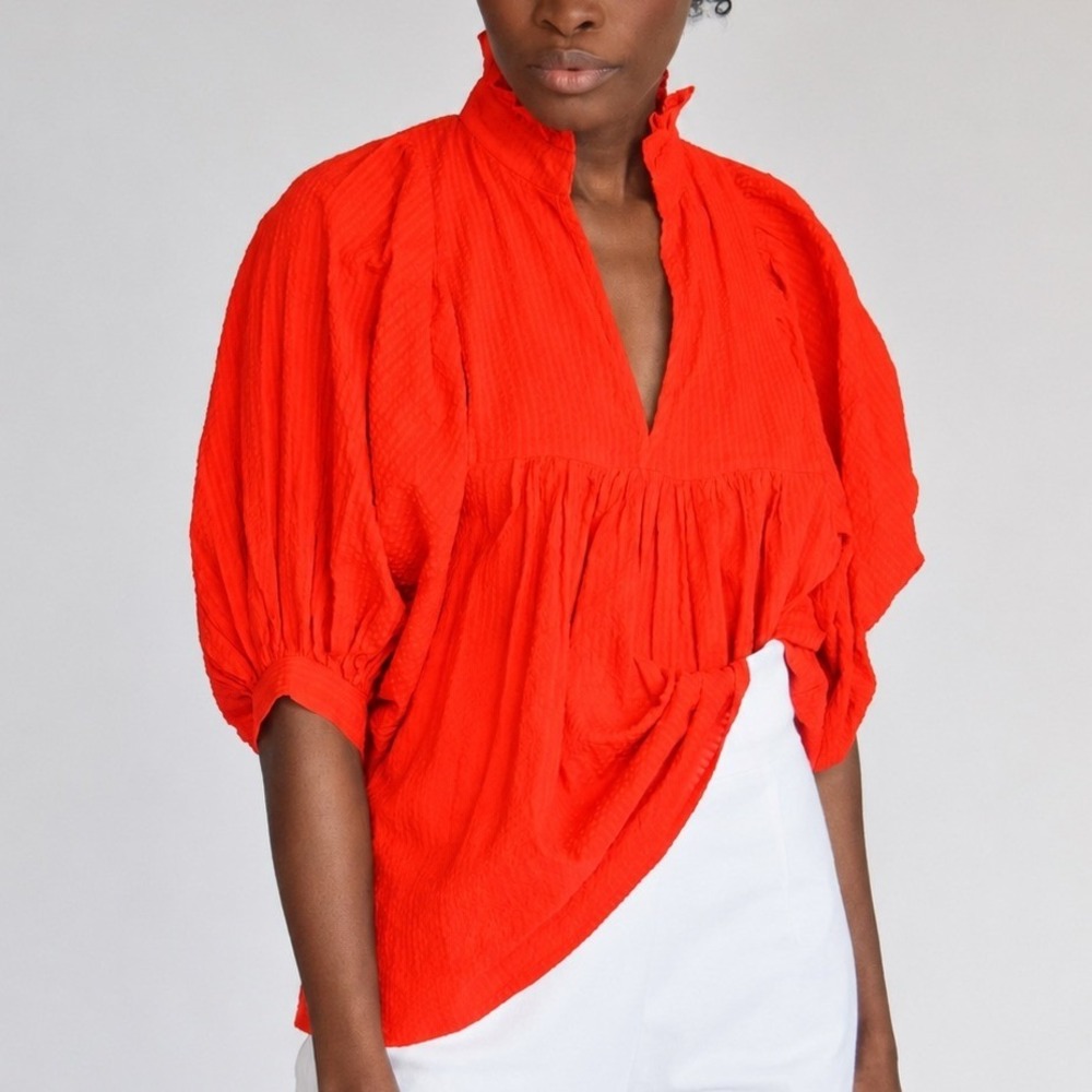 Never‎ A Wallflower High Neck Top Orange Ruffle Puff Sleeve Cotton Blouse L
